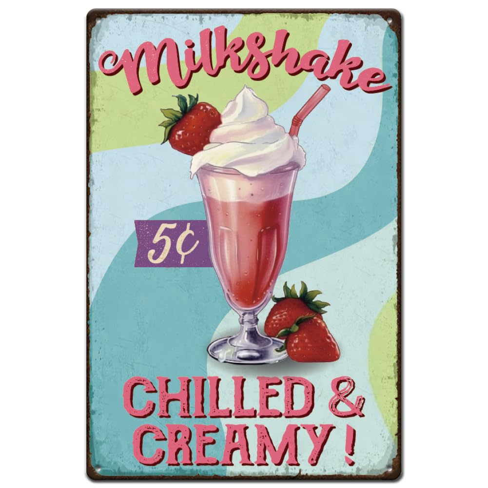 SUPERDANT Strawberry Milkshake Tin Sign Chilled & Creamy Metal Tin Signs Vintage Metal Sign Funny Signs and Plaque Metal Wall Art Poster for Kitchen Restaurant Dessert Shop Decoration