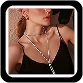 Zeshimb Cubic Zirconia Tennis Necklace Long Rhinestone Chain Drop Y Necklace Layered Tennis Choker Minimalist Long Crystal Chain Lariat Necklace CZ Diamond Chain Y Necklace Jewelry for Women