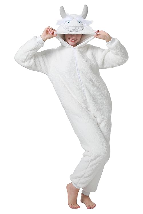 dressfan Unisex Adults Fuzzy Snow Monster Costume Pajamas Yeti Halloween Costume Shu Velveteen Christmas Onesie Pajamas Hooded Gifts for Women & Men,White,S