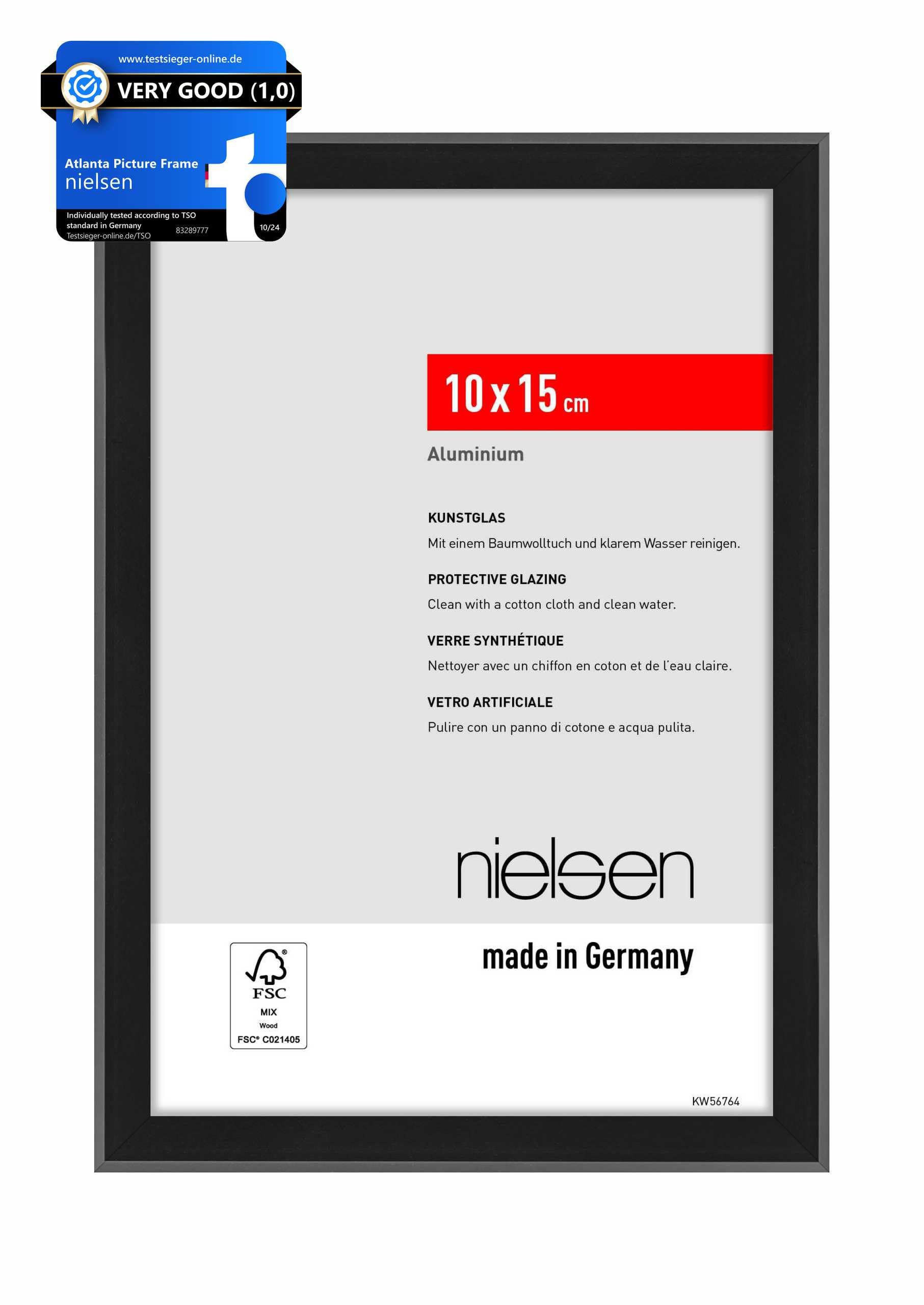 nielsen Atlanta Aluminium Picture Frame - Frosted Black 4x6in, 10x15cm - with Synthetic Glass and Push-Turn Clips