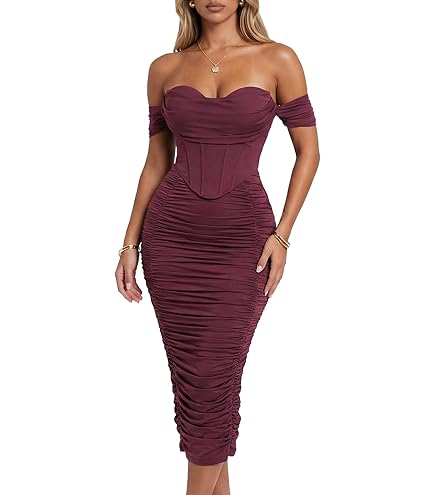 HQBORY Women's Midi Bandage Dress Off Shoulder Red Bandage Dress with Slit Cocktail Party Dress (XS,Red) : Clothing, Shoes & Jewelry