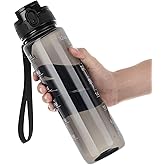 OLDLEY Water Bottle 32oz, Durable and Leakproof Water Bottles Motivational with Time Marker, Tritan, BPA Free, Wide Mouth, Gym, Travel, School,Office, Gifts for Her, Women Men,Clear Black (1 Bottle)