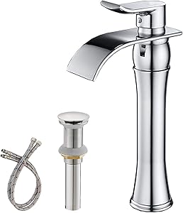 BWE Waterfall Spout Single Handle One Hole Chrome Bathroom Vessel Sink Faucet Deck Mount with Matching Pop Up Drain Without Overflow Commercial