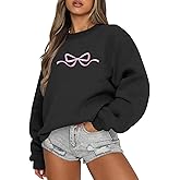 KEEVICI Pink Bow Preppy Sweatshirt Women Coquette Cute Graphic Embroidered Sweatshirts Aesthetic Pullover Long Sleeve Shirts