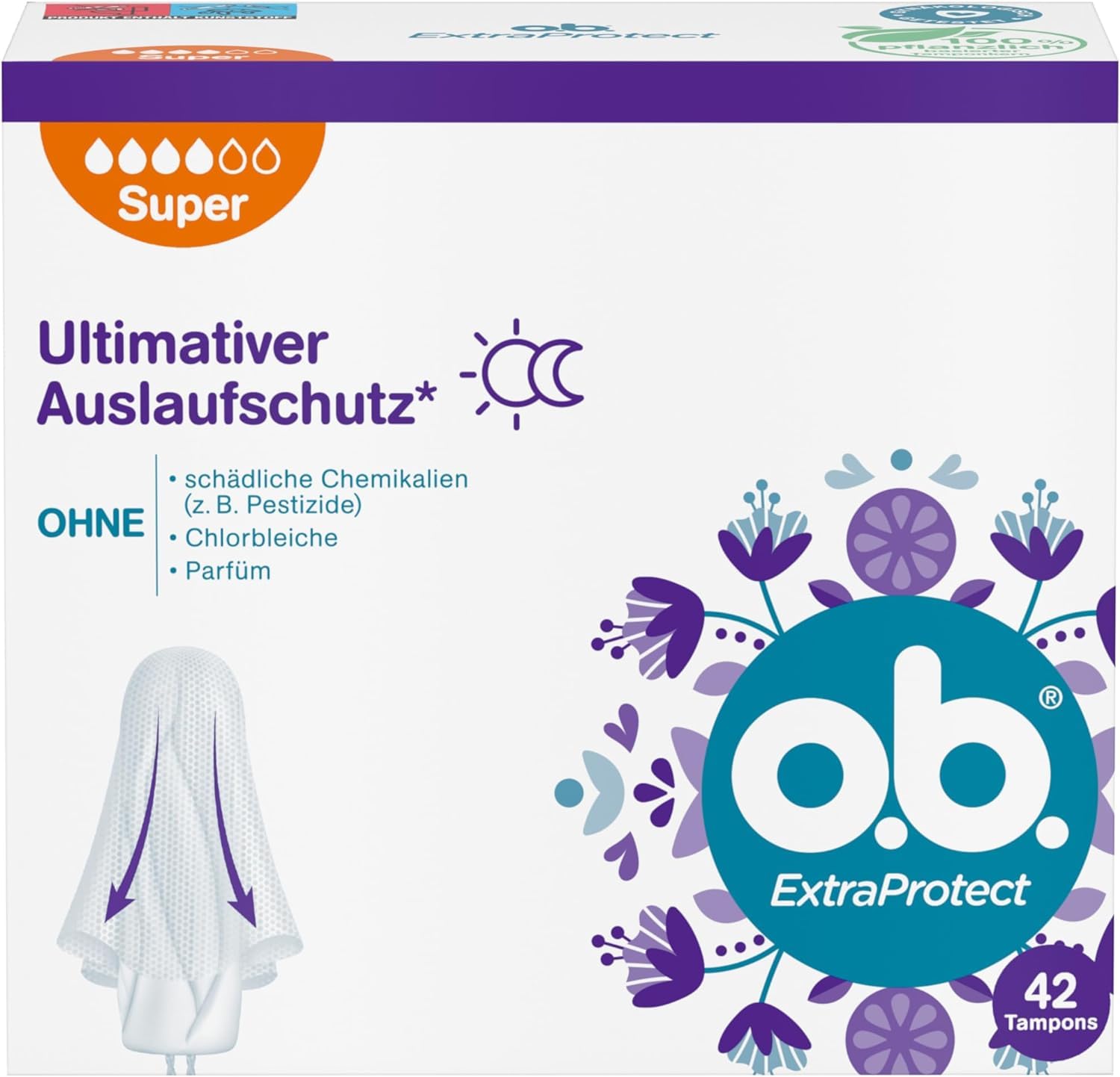 o.b. ExtraProtect Super Tampons for Heavy Days with Dynamic Fit Technology & Extra Protective Wings, for Ultimate Leak Protection* (1 x 42 Pieces)