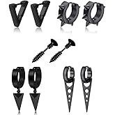 5 Pairs Punk Style Stainless Steel Black Tone Geometric Triangle Rivet Surgical Huggie Hoop Earrings Screw Nail Stud Earrings Gift for Men Women Teen