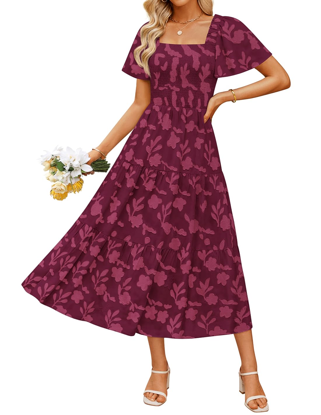 Photo 1 of ZESICA Women's Summer Boho Floral Midi Dresses 2025 Casual Short Sleeve Square Neck Flowy Beach Vacation Long Dress,Wine,Small