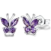 DAYBYDAY Butterfly Earrings 925 Sterling Silver Birthstone Earrings, Dainty Small Butterfly Stud Earrings for Women Birthstone Jewelry