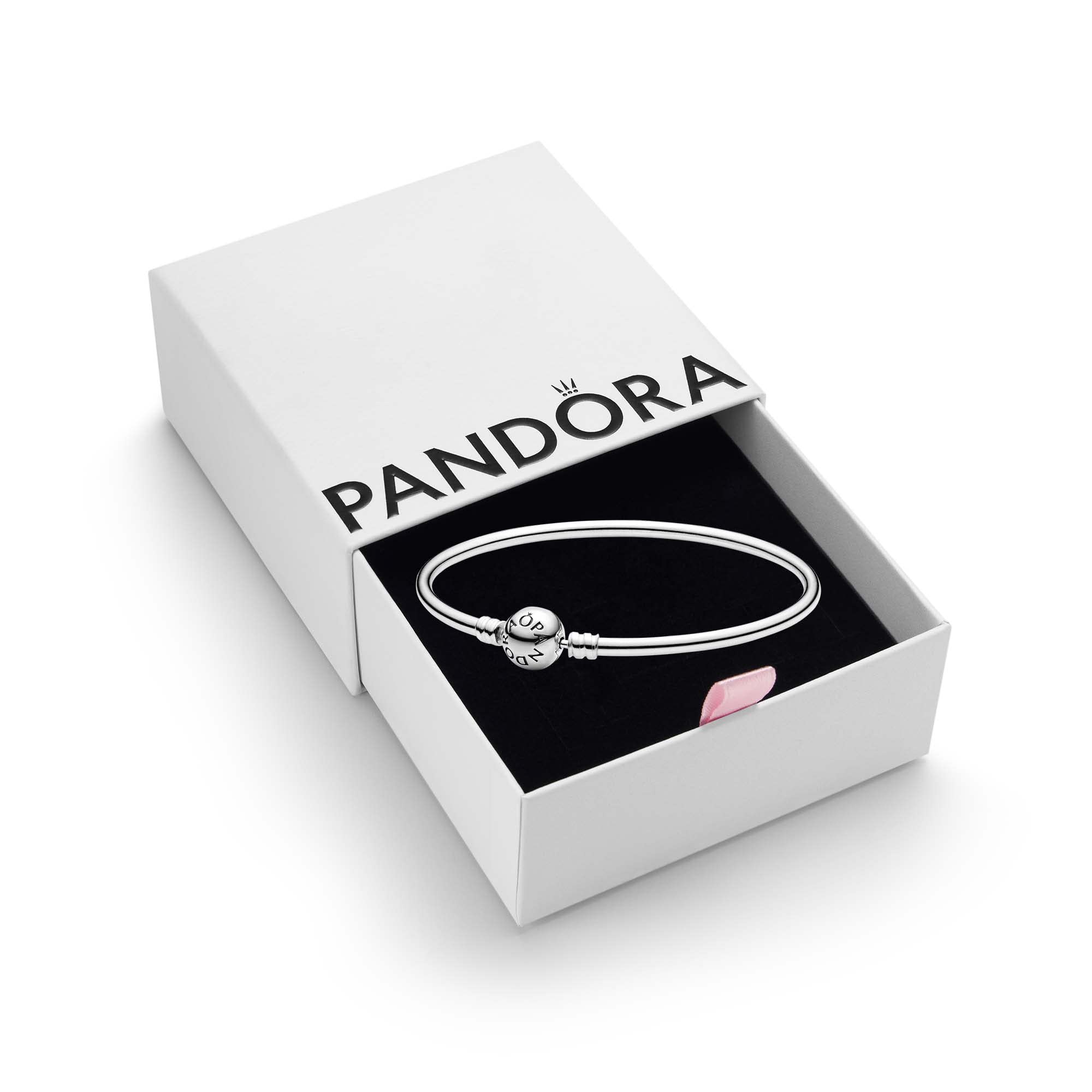 PANDORA Moments Women's Sterling Silver Bangle Bracelet for Charms, Size 21, With Gift Box