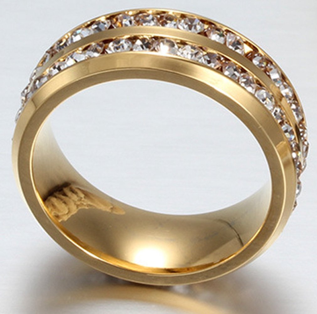 Mens Womens Promise Ring 8MM Titanium Stainless Steel Gold Plated CZ Channel Set Promise Band Size 6-13