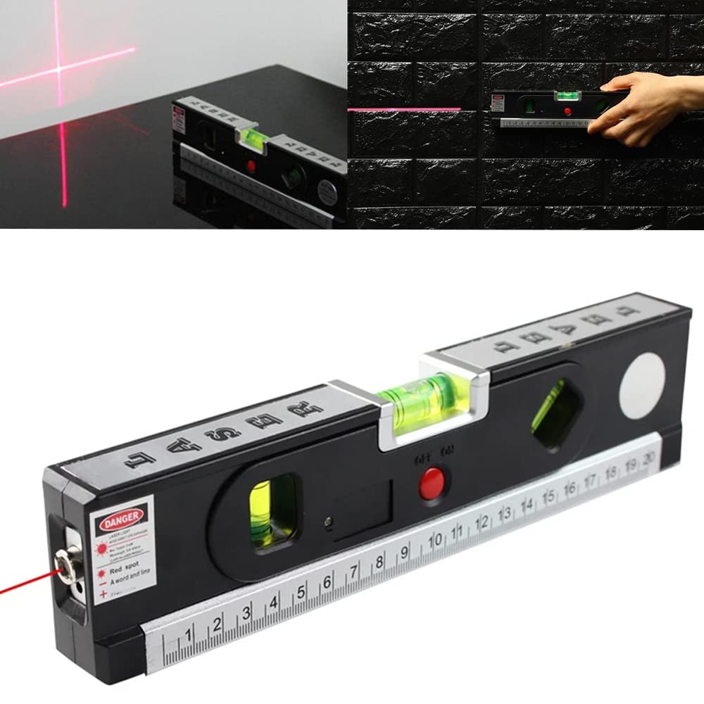 Laser Spirit Level – 3 in 1 Multipurpose Self Level Retractable Double Sided Measuring Measure Tape – Horizon Cross Standard Aligner, Metric Ruler, Horizontal 180° Vertical 90°, 45°, ±0.029°=±1.0mm/m
