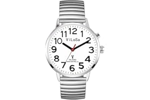 ViLoSa English Talking Watch Speaks The Time, Date or Alarm time for Elderly, Impaired Sight or Blind. White Face-Black Numbers with Stainless Expand Strap …