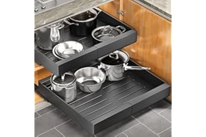 KITSTORACK Pull out Cabinet Organizer, Expandable(11.7"-19.7") Heavy Duty Slide out Drawers Fixed with Adhesive Nano Film for Pots, Roll out Shelf Storage for Kitchen Base Cabinet Organization(Black)