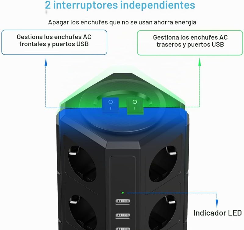 Regletas Enchufes Vertical con 2 Interruptor, 12 Schuko, 2 USB C y 3 USB A, 4000W/16A, Regleta Torre Enchufe con Cable 2M, Regleta Enchufes Proteccion Sobretension, Negro — foto 5 de 7