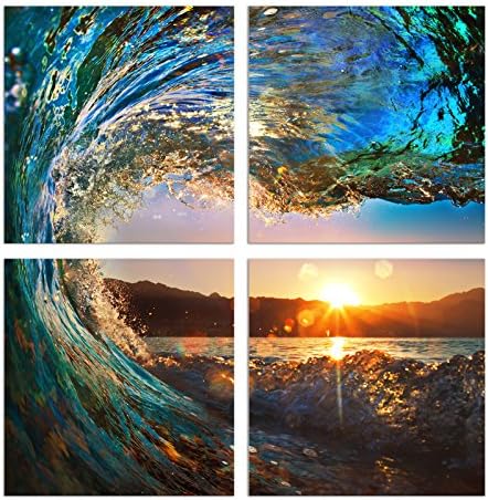 Moco Art 4 Panels Rolling Ocean Wave Painting Sunset on Sea Seascape Canvas Painting Wall Art Picture Print Giclee Artwork Stretched and Framed for Home Decor Ready to Hang