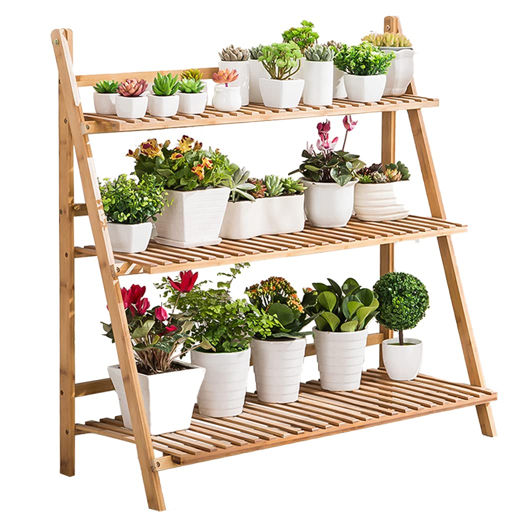 unho 3 Tier Folding Plant Stand Display Shelf Bamboo Plant Ladder Shelf Flower Rack Stand Plant for Multiple Plants 100CM