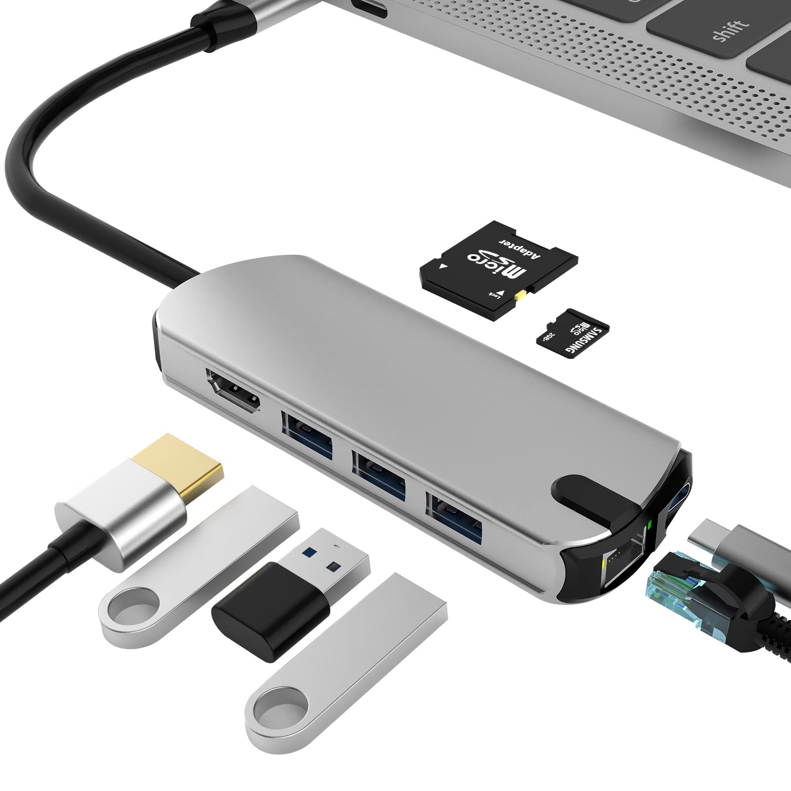 USB C hub, USB C Adapter 8 in 1 with Gigabit RJ45 Ethernet, 3×USB 3.0, 4K HDMI, 100W PD and SD/TF Card Reader, Docking Station Compatible with MacBook Pro & Air USB C Laptops and Ather Type C Devices
