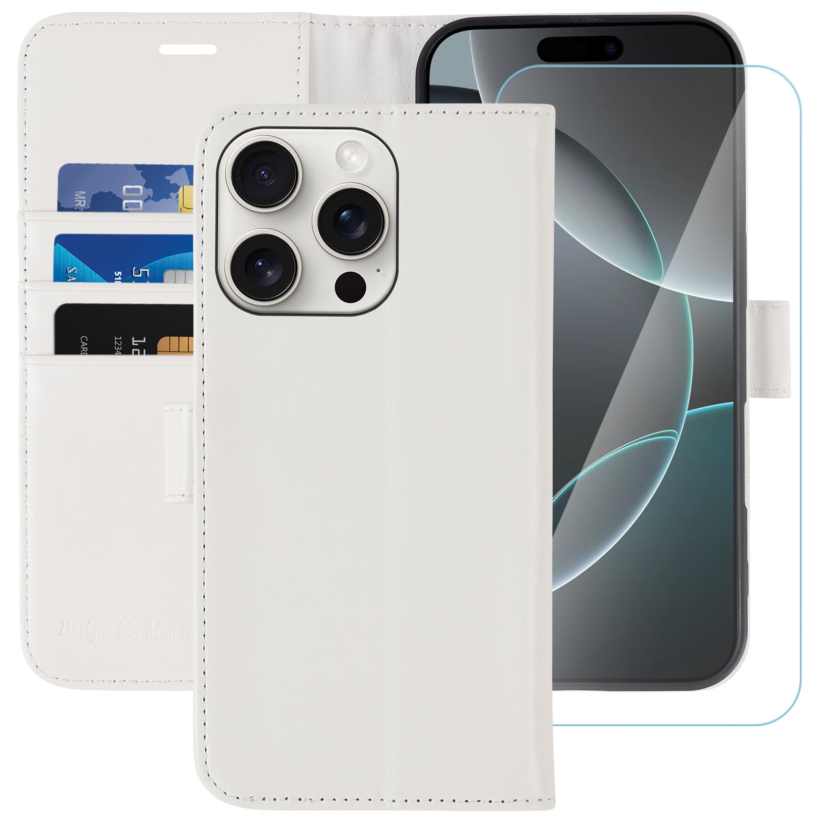 MONASAY for iPhone 16 Pro Max 5G Wallet Case,[Glass Screen Protector Included] [RFID Blocking] Flip Folio Leather Cell Phone Cover with Credit Card Holder, 6.9-inch, White