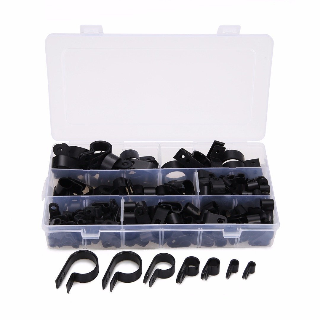DollaTek 200Pcs Black Nylon Plastic R Clips - Fasteners for Conduit, Cable, Tubing & Sleeving