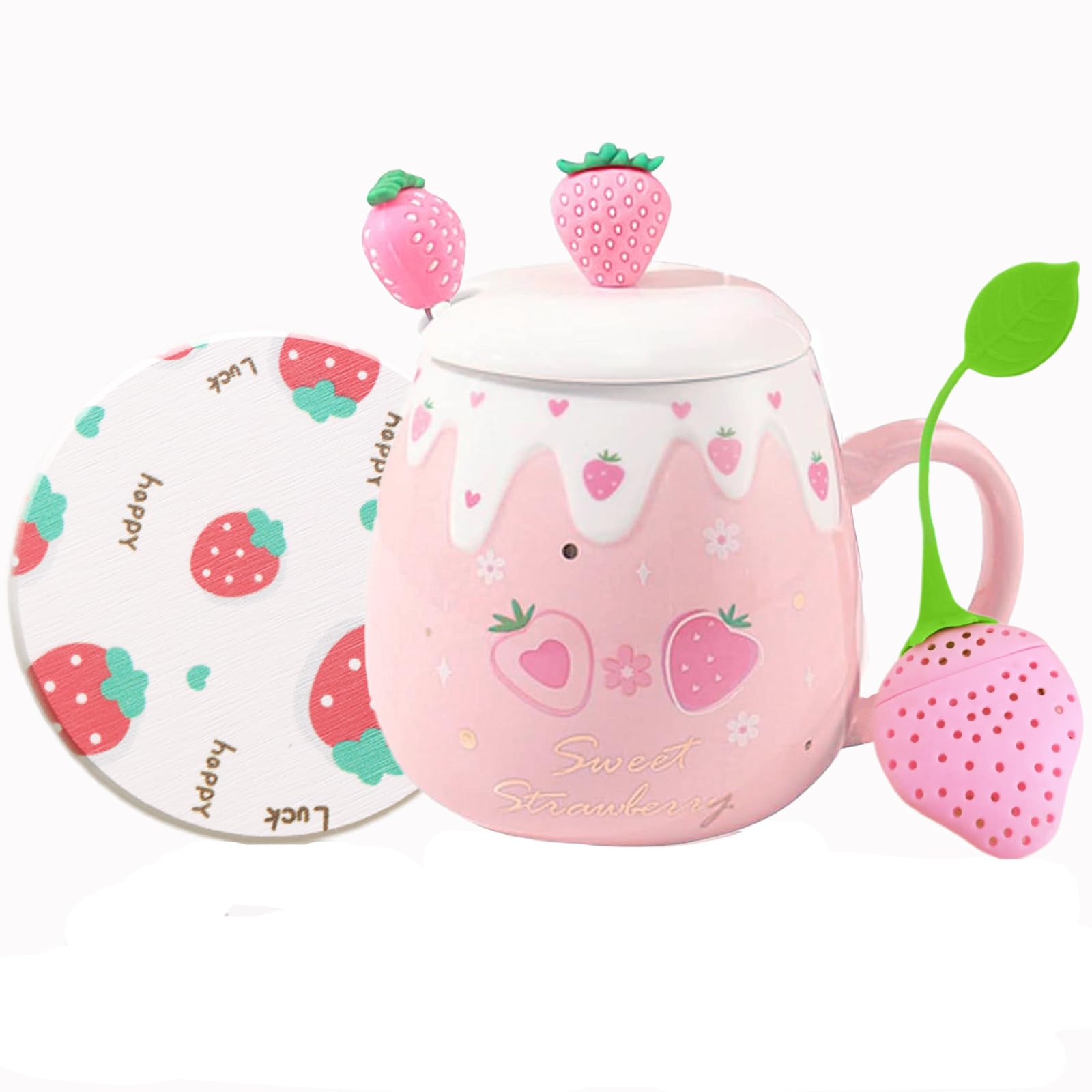 Cute Strawberry Mugs Pink Coffee Mug Ceramic kawaii Cup Morning Tea Milk Fruit Mug with Lovely Lid Stainless Steel Spoon Creative Novelty Birthday Valentine's Day Christmas for Lovers Girl 500ML (S)