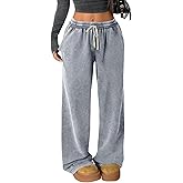 Arssm Baggy Sweatpants for Women Wide Leg Pants Vintage Cotton Acid Wash Drawstring Joggers with Pockets