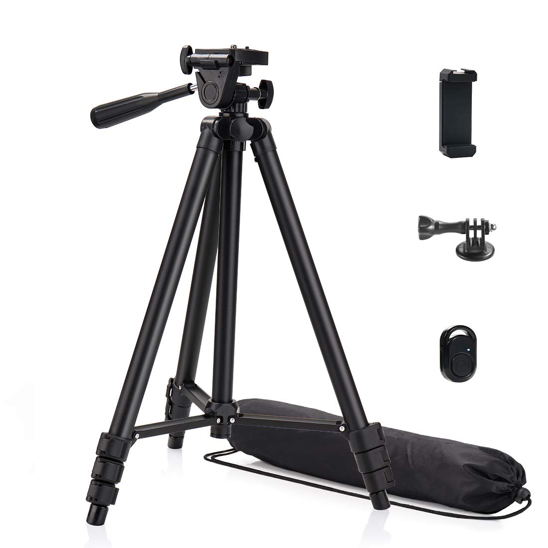 Phinistec 50” Tripod Stand for Phone and Camera, Smartphone, with Universal Cellphone Mount, Bluetooth Remote Shutter and Adapter with Carry Bag (Matte Black)