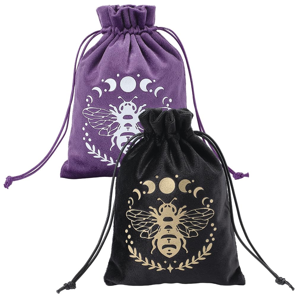 CREATCABIN 2Pcs Velvet Storage Bag Tarot Cards Bags Pouches Drawstrings Bags Tarot Cards Dice Deck Holder Pouches Black Purple Phase of the Moon Bees Jewelry Wrap Bags for Crystals Witchcraft 5x7Inch