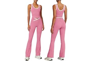 Yoga Workout Sets for Women 2 Piece Ribbed Tank Top and Flare Leggings Set Athletic Outfits for Gym Fitness