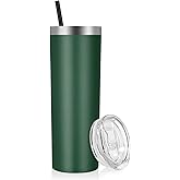 VEGOND Stainless Steel Skinny Tumbler, 20 oz Vacuum Insulated Tumbler with Lid and Straw, Double Wall Coffee Cup, Travel Mug for Cold Hot Drinks, Dark Green 1 Pack