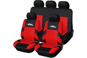 AUTOYOUTH Full Set Seat Covers for Cars Universal Fit Car Seat Protectors Tire Tracks Car Seat Accessories - 9PCS, Black/Red