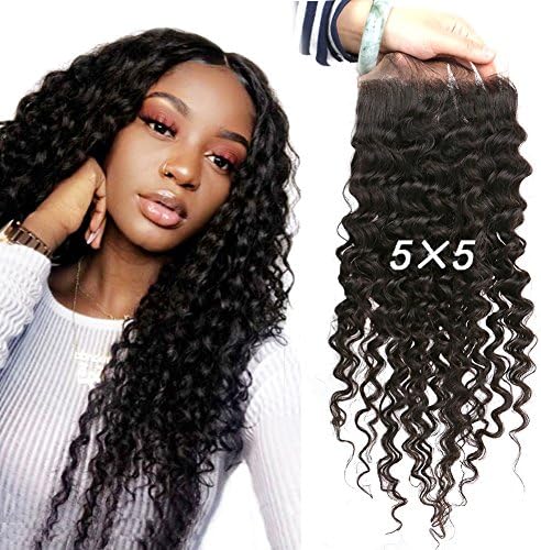 Greatremy 5x5 Lace Closure Curly Wave Brazilian Human Hair with Baby Hair Free Part Natural Color 18inch