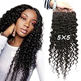 Greatremy 5x5 Lace Closure Curly Wave Brazilian Human Hair with Baby Hair Free Part Natural Color 16inch