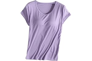 Womens Short Sleeve Shirts with Built in Bra Summer Casual Athletic Workout Yoga Padded T Shirts Comfy Tops