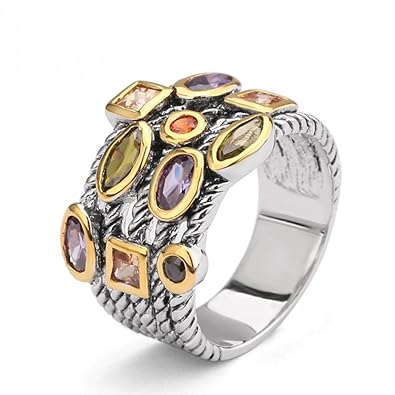 UNY Vintage Zweifarbig Verdrilltes Kabel Stapelring für Damen mit Mehrfarbige Zirkonia Steine (Verschiedene Ringgrößen)