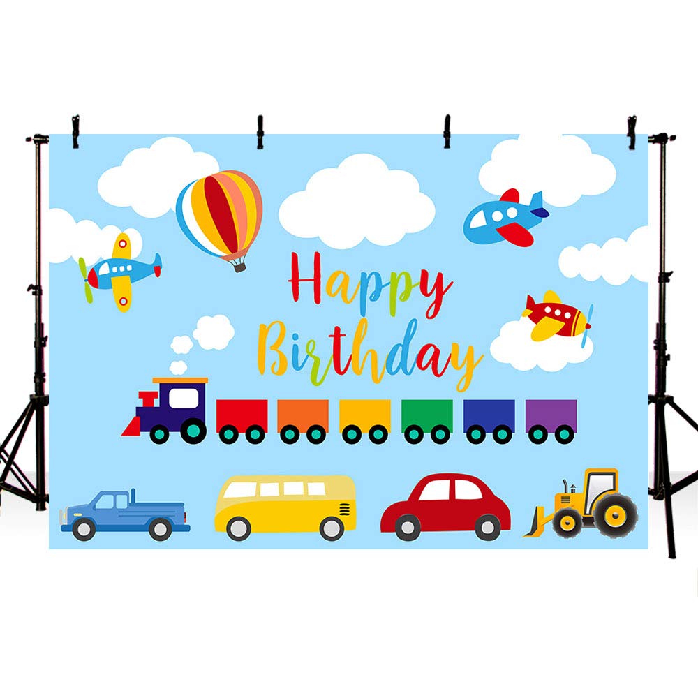 MEHOFOND 7x5ft Transportation Boy Birthday Party Backdrop Blue Sky White Cloud Automobile Train Airplane Car Bus Truck Happy 1st Birthday Up Hot Air Balloon Photography Background Photo Booth Banner