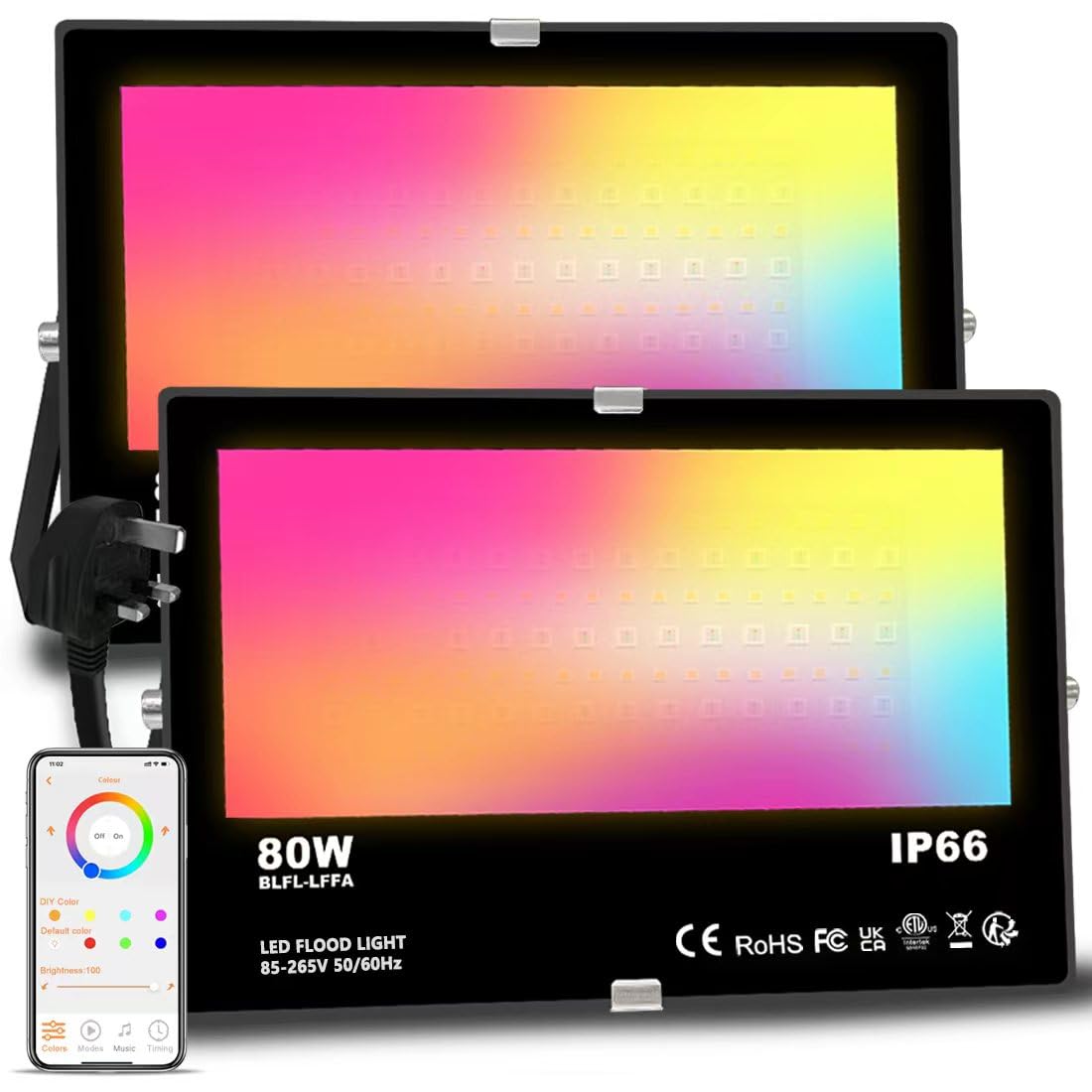 Flood Lights Outdoor With Alexa, Smart LED Floodlight Colour Changing 800W Equivalent 8000LM, Bluetooth APP Control, Warm White+1600 Million RGB Colours,No WiFi No Hub,IP66 Waterproof UK 3-Plug,2 Pack