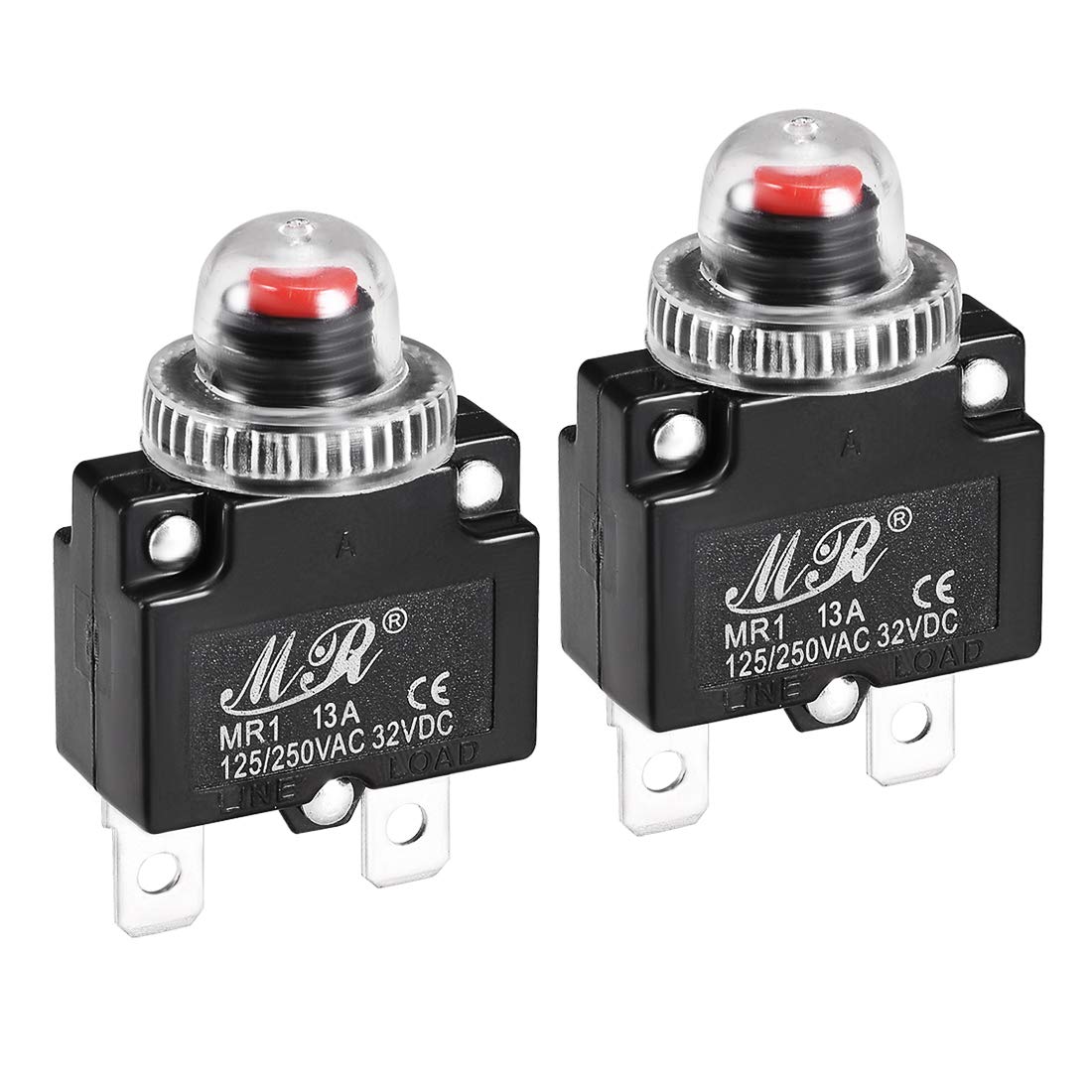 Sourcingmap Thermal Circuit Breakers 13A 125/250V AC 32V DC Push Button Reset Overload Protector Switch with Waterproof Cap 2 Pcs