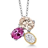 925 Silver and 10K Yellow Gold Peach Morganite Pink Created Sapphire and White Moissanite Pendant Necklace For Women (2.40 Cttw, Oval 8X6MM, 7X5MM and 6X4MM, October Birthstone, with 18 Inch Chain)