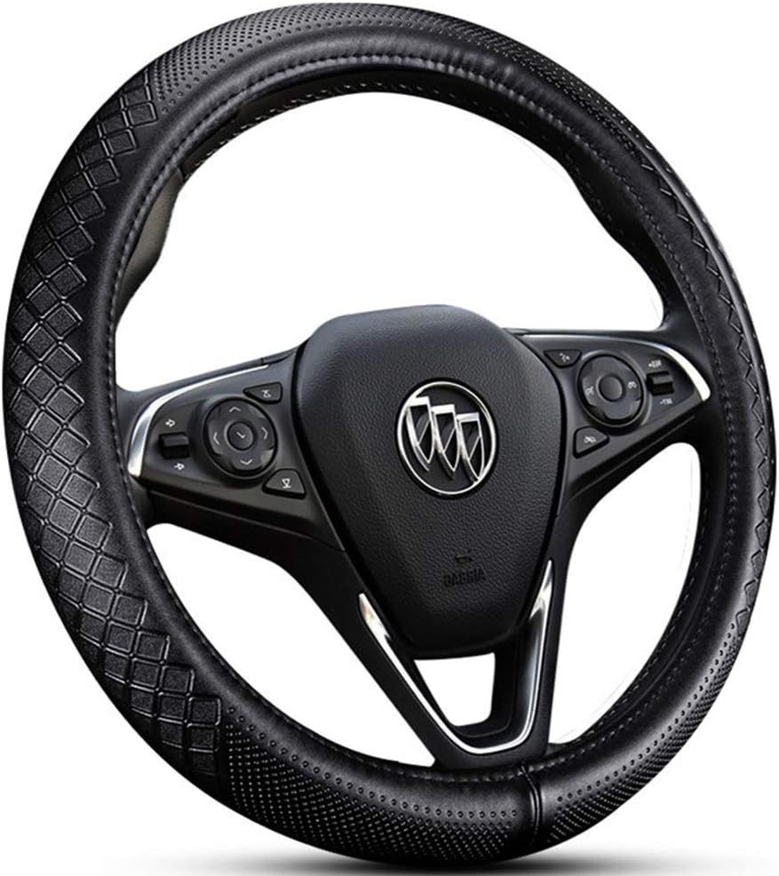 Genuine Leather Car Steering Wheel Cover Embossed Non-slip Texture Massage Basic Series Auto Accessories Universal 15"(38cm) (Black)