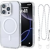 QATYYY for iPhone 16 Pro Case with 62.99 inch Lanyard, Classic Clear&White Magnetic Phone Case, Drop&Shockproof Protection Cases, Phone Lanyard for Around The Neck, Compatible with Magnet Accessory