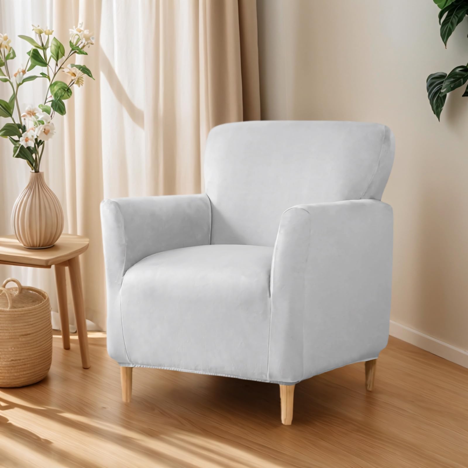OKYUK Banquet Armchair Slipcovers Luxury Velvet Chair Slipcovers with Arms Stretch Chair Covers for Living Room Soft Armchair Slipcover Anti Slip Dog Pet Friendly Furniture Protector (Light Gray)