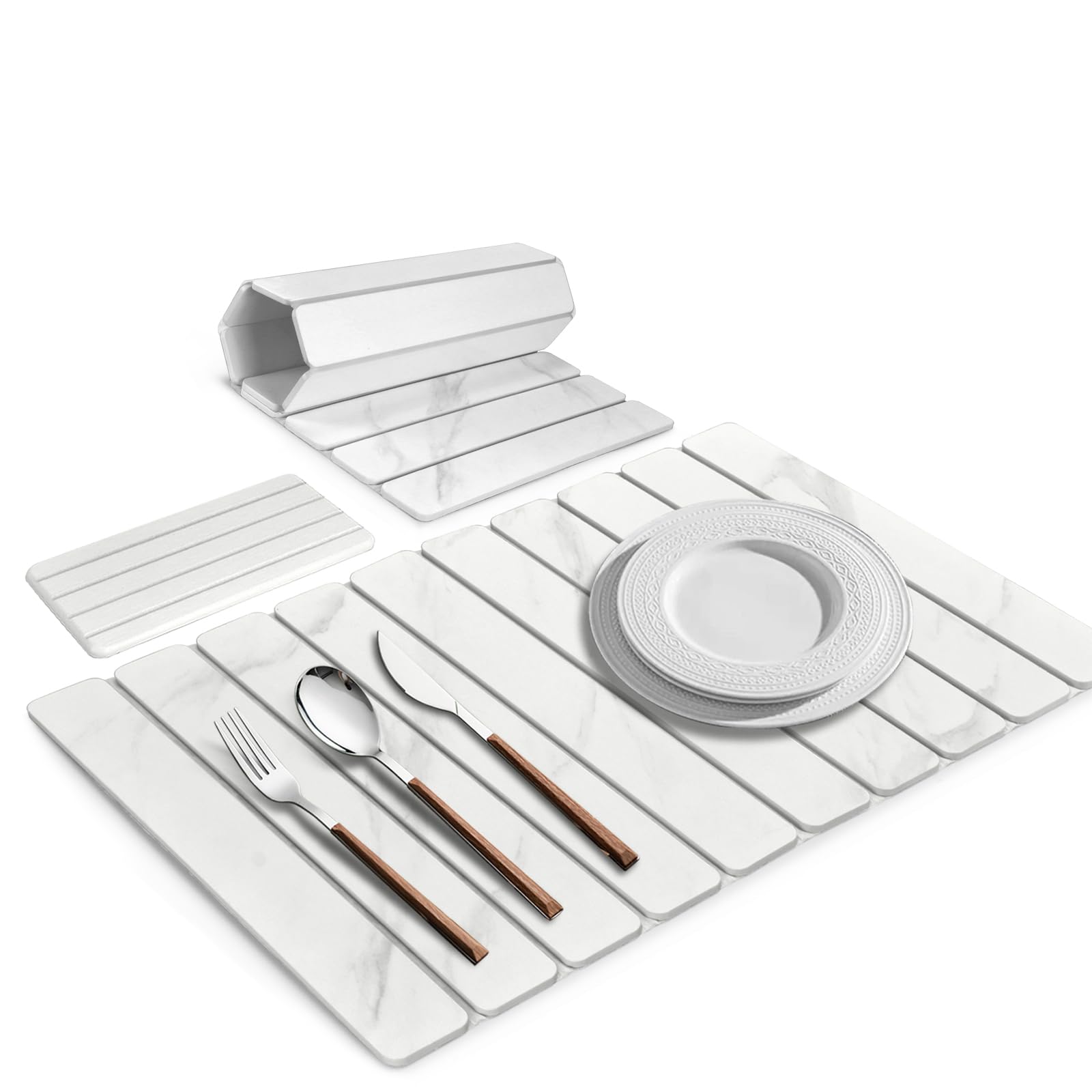 Photo 1 of 2 PCS Large Stone Dish Drying Mats for Kitchen Counter, 24"(L)×16"(W) Marble-Pattern Dish Drying Mat with 8"x 4" Coasters, Eco-Friendly Diatomite Dish Drying Mat - Fits All Countertops