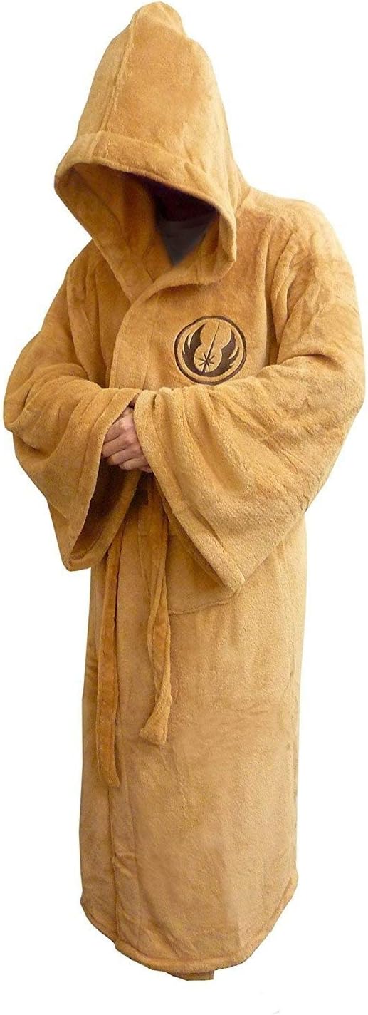 Star Wars Official Jedi Hooded Fleece Dressing Gown - Brown Robe Bathrobe for Men Women, 1 Size Fits All, Beige