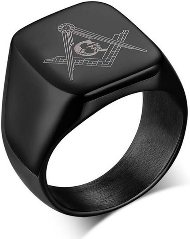 ColorGift Men's Stainless Steel Black Masonic Symbol Signet Rings 8#-10#
