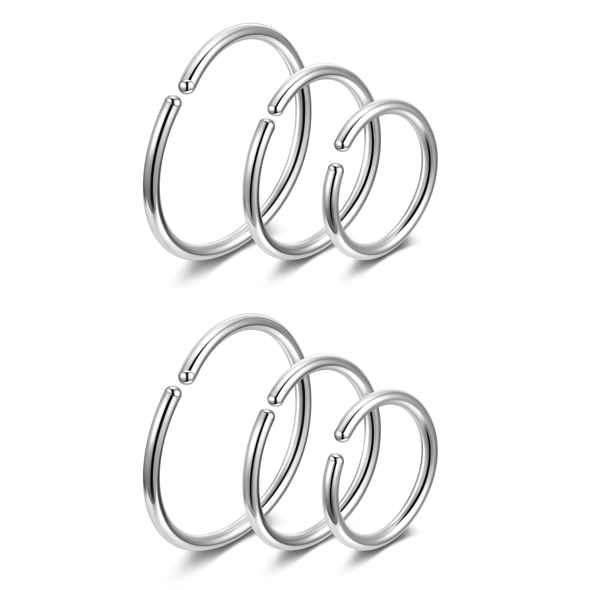 Jovivi 6pc 6mm-10mm 20G Silver Small Tiny Nose Ring Stainless Steel Septum Nose Hoop Earrings Helix Piercing Jewellery