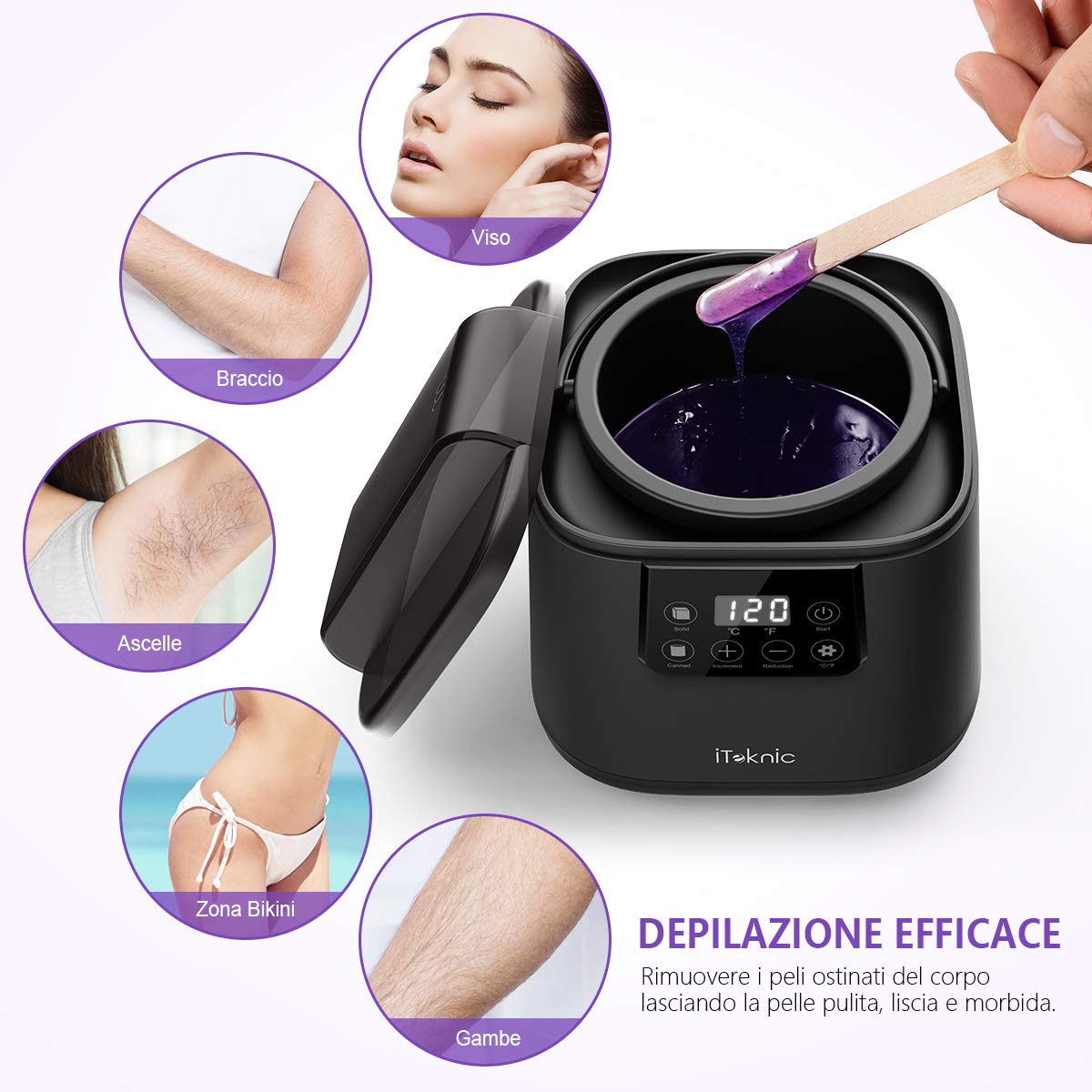 Kit Scaldacera Professionale con Display a LCD, iTeknic Riscaldatore Depilazione Cera, Macchina Paraffina Corpo Zona Bikini Depilatoria Indolore Belle per Depilazione Rapida