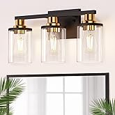 DORESshop Bathroom Light Fixtures, 3-Light Black and Gold Bathroom Lights Over Mirror with Clear Glass Shade,Vanity Lights fo