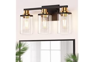 DORESshop Bathroom Light Fixtures, 3-Light Black and Gold Bathroom Lights Over Mirror with Clear Glass Shade,Vanity Lights for Bathroom Hallway Bedroom Living Room, ETL Listed