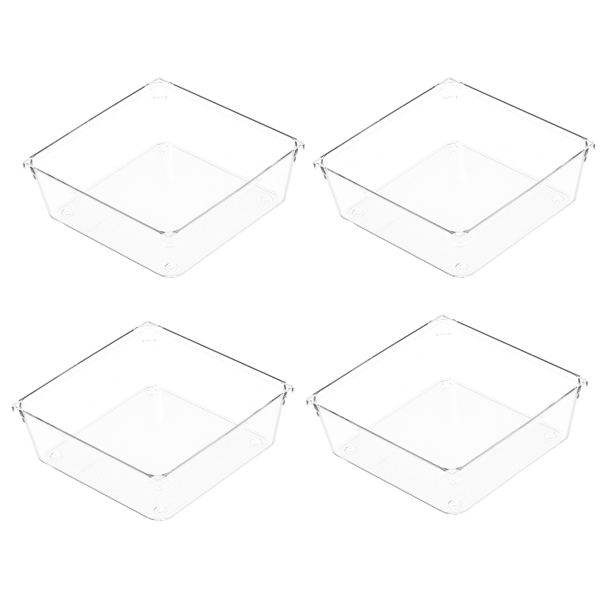 Amtido 4 Pack Drawer Organisers - Sturdy Clear Plastic - Versatile Storage for Kitchen, Bathroom, Utensils, Makeup, Office, and Desk Accessories (15.2cm x 15.2cm x 5.1cm)