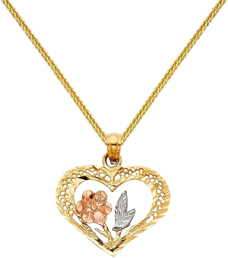 amazon com precious stars jewelry 14k tri tone gold fancy flower heart pendant 0 8 mm yellow gold square wheat chain jewelry